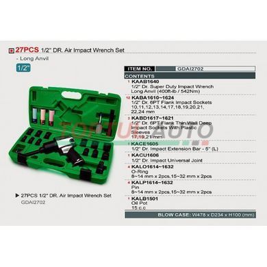 Гайковерт пневматичний з набором головок TOPTUL 1/2" 27ед. GDAI2702