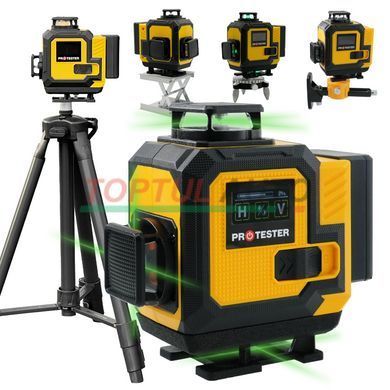 Лазерний 4D рівень 16 ліній (2xH360/2xV360, LCD-дисплей, пульт ДК + ШТАТИВ &mdash; зелений промінь) PROTESTER LL616G-TR