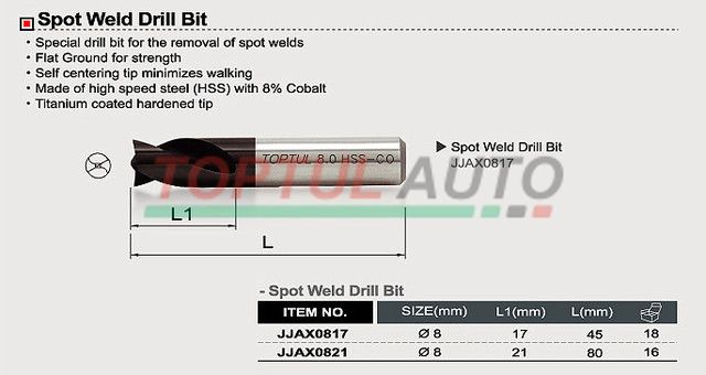 Свердло для точкового зварювання 8х80мм TOPTUL JJAX0821