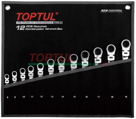 Набір ключів з тріскачкою і шарніром комбінованих TOPTUL 12ед. 8-19мм в чохлі GPAQ1204